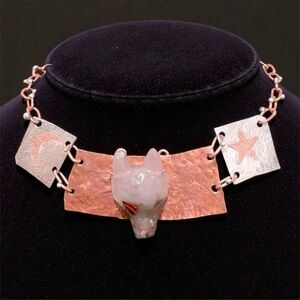 Studio Crafted Bloodstone Wolf & Upcycled Copper & Silver Statement Necklace